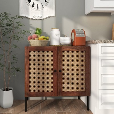 Walnut Rattan Buffet Sideboard Cabinet with Adjustable Shelf