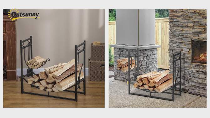 Outsunny 2-Tier Firewood Rack, Indoor Outdoor Wood Holder with Tools for Fireplace or Fire Pit, Includes Poker, Tongs, Broom, Shovel, 33", Black, 2 of 10, play video