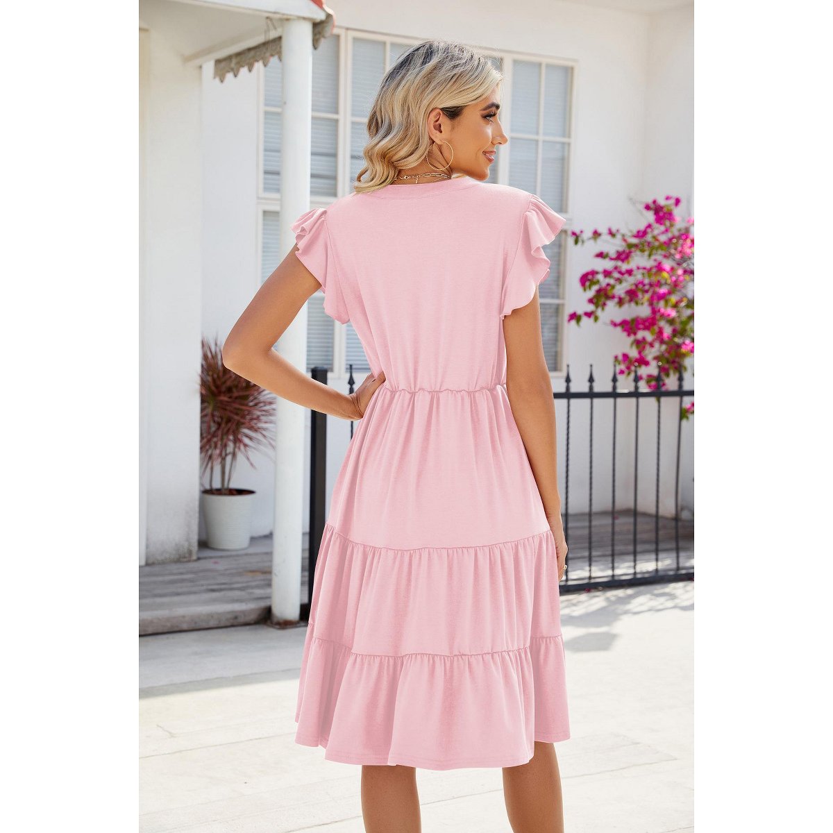 Женские платья EadianDree Womens Summer Dresses Short Flutter Sleeve V Neck Smocked High Waist Ruffle Tiered A Line Midi Sun Dress,Pink - Medium — фото 2