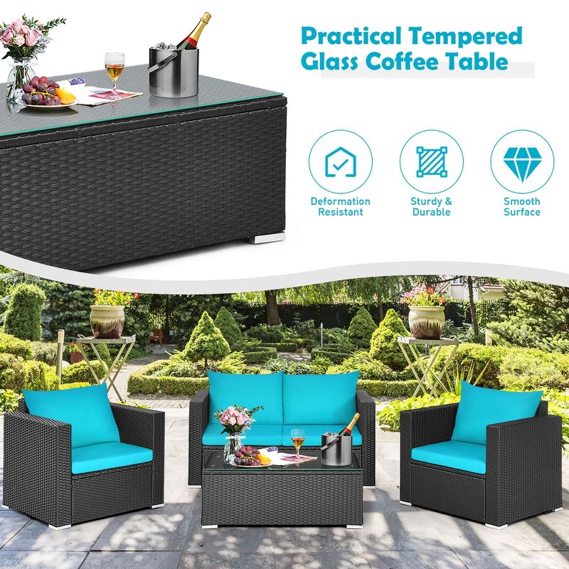 Costway 4PCS Patio Rattan Cushioned Sofa Chair Coffee Table Turquoise, 5 of 11