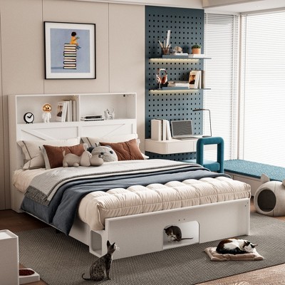 Famapy Smart Bluetooth-Enabled Bed Frame,App-Contrl,Custom RGB Lights,Power Outlets, Open Shelves+4 Rolling Drawers,Central Iron Frame,Pet Nook