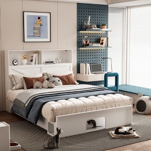 Famapy Smart Bluetooth-Enabled Bed Frame,App-Contrl,Custom RGB Lights,Power Outlets, Open Shelves+4 Rolling Drawers,Central Iron Frame,Pet Nook - 1 of 4