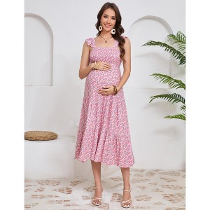 Maternity Dress Square Neck Sleeveless Smocked Ruffle Sleeve Baby Shower Photoshoot Summer Midi Dresses - 1 of 4