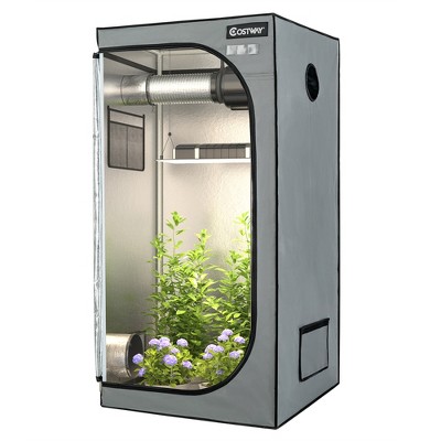 Costway 32''x32''x63''Mylar Hydroponic Grow Tent w/Observation Window & Floor Tray Gray\Black
