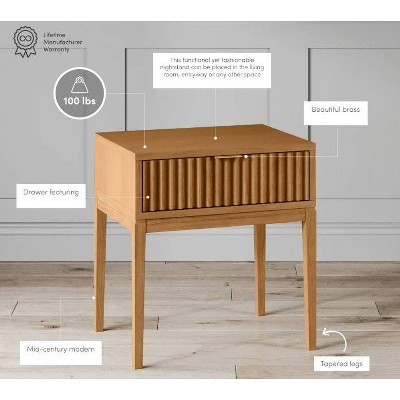 Natural Brown Fluted Wood Nightstand Set with Brass Handles