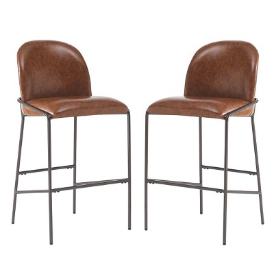 Set of 2 Upholstered Bar Stools with Backs, Metal Frame Counter Height Chairs, Modern Faux Leather Barstool for Kitchen-The Pop Home