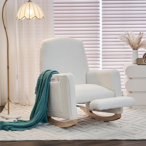 Modern Lounge Rocker Recliner ivory Teddy Fabric Rocking Chair With Pockets comfy Accent Arm Chair With Solid Wood Legs leisure Chairs cuddlewood Target