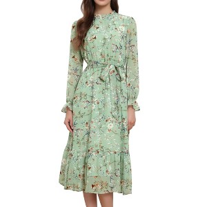INSPIRE CHIC Women's Floral Mock Neck Long Sleeve Elastic Waist Flowy Midi Dress - 1 of 4