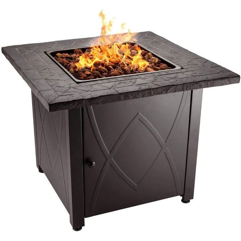 Endless Summer 30 Inch Square 30,000 BTU LP Gas Outdoor Fire Pit Table with Handcrafted Mantel, Fire Rocks, and Protective Cover, Black, 1 of 7