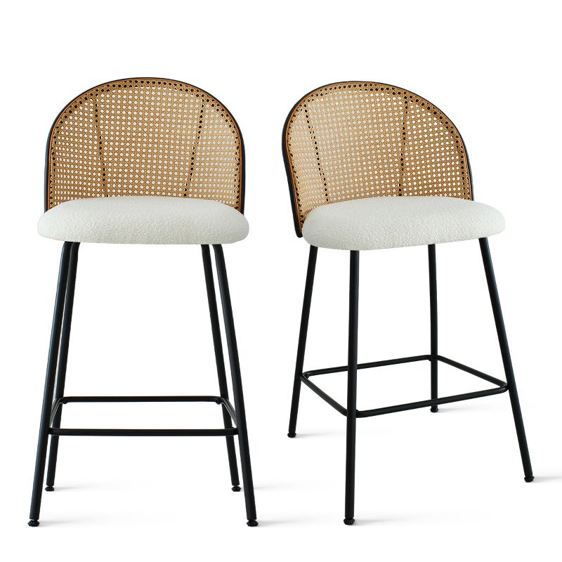 Jules Set of 2 Mesh Rattan Backrest Counter Stools with Back, Armless Upholstered Bouclé Fabric And Black Metal Base-The Pop Maison, 2 of 10