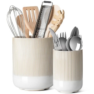 LunaLulinlk 7.3" + 5.4" Ceramic Cutlery Holder, 2-Pack Kitchen Utensil Jars for Countertops and Kitchen Countertops, Beige