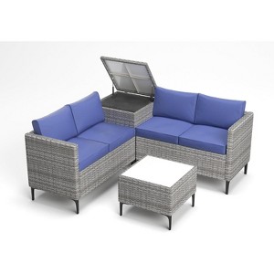 Jojoka 4-Piece All-Weather PE Rattan Patio Sofa Set, Sectional with Loveseat, Coffee Table with Storage, Ideal for Backyard - 1 of 4