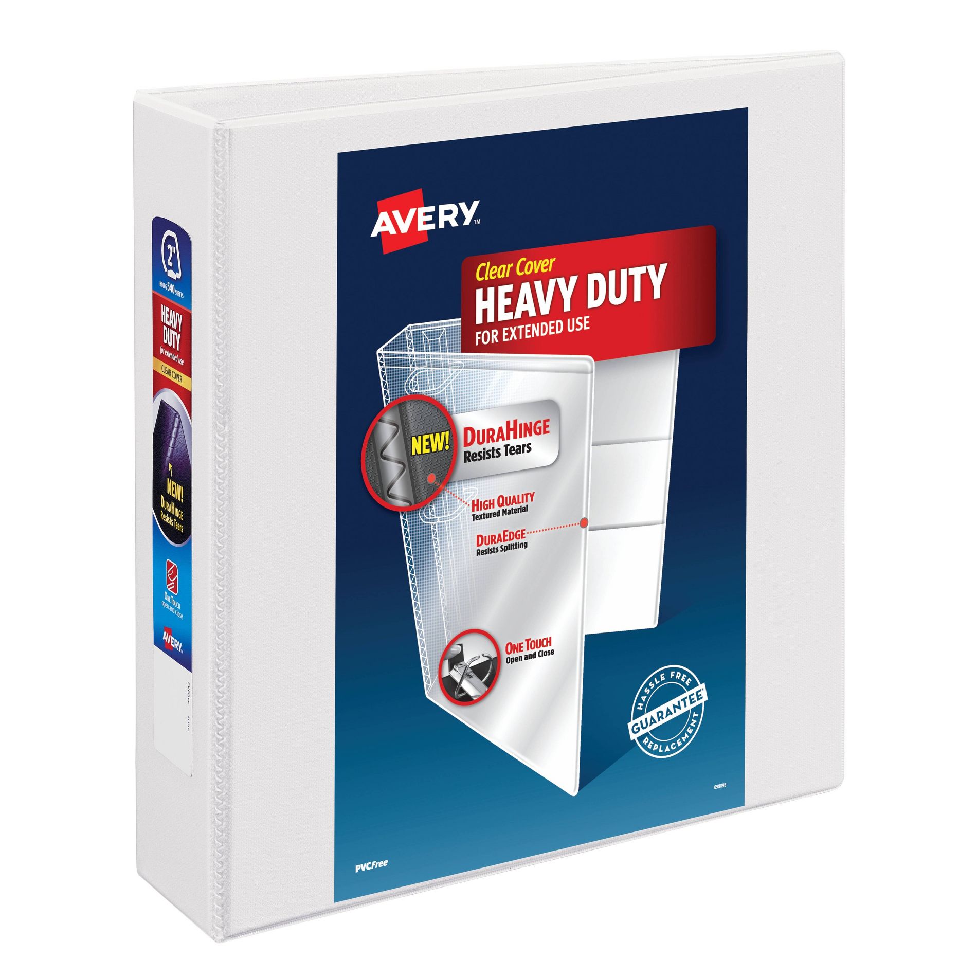 Avery 2" One Touch Slant Rings 540 Sheet Capacity Heavy-Duty NonStick View Binder White: Polypropylene, 4 Pockets