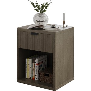 Vipbear Night Stand Scandinavian Nightstand with Fluted Drawer Storage End Table Modern Mid Century Wood Bedside Table for Bedroom Office-Gray/Brown - 1 of 4
