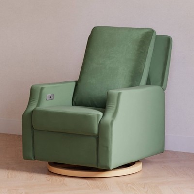Forest Green Velvet Swivel Recliner with Light Wood Base