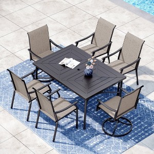 Captiva Designs 7pc Patio Outdoor Dining Rectangle Steel Table with Umbrella Hole & Brown Textilene Arm Chairs - 1 of 4