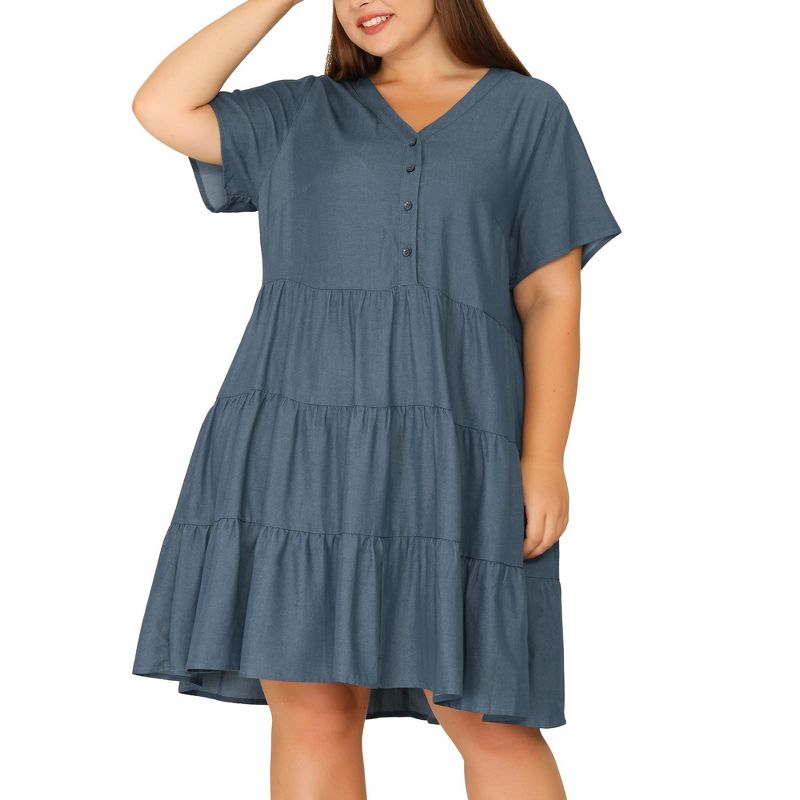 Agnes Orinda Women's Plus Size Tiered V Neck Short Sleeve Summer Casual Buttons T-Shirt Dresses, 1 of 7
