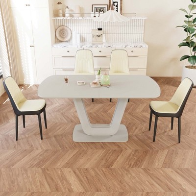 Vynxaria 5-Piece Expandable Dining Set-Rectangular MDF Table (U-Legs, 2-8 Seats) and 4 PU Cushioned Chairs, 10-15min Easy Assembly