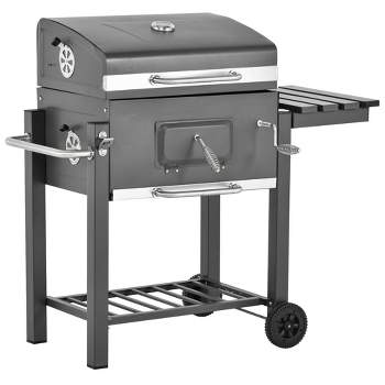 Outsunny Charcoal BBQ Grill, Outdoor Portable Cooker for Camping, Picnic or Backyard with Side Shelf, Bottom Storage Shelf, Wheels and Handle, gray