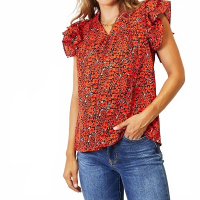 Women's Floral Flutter Sleeve Notched Neck Blouse - Double Take