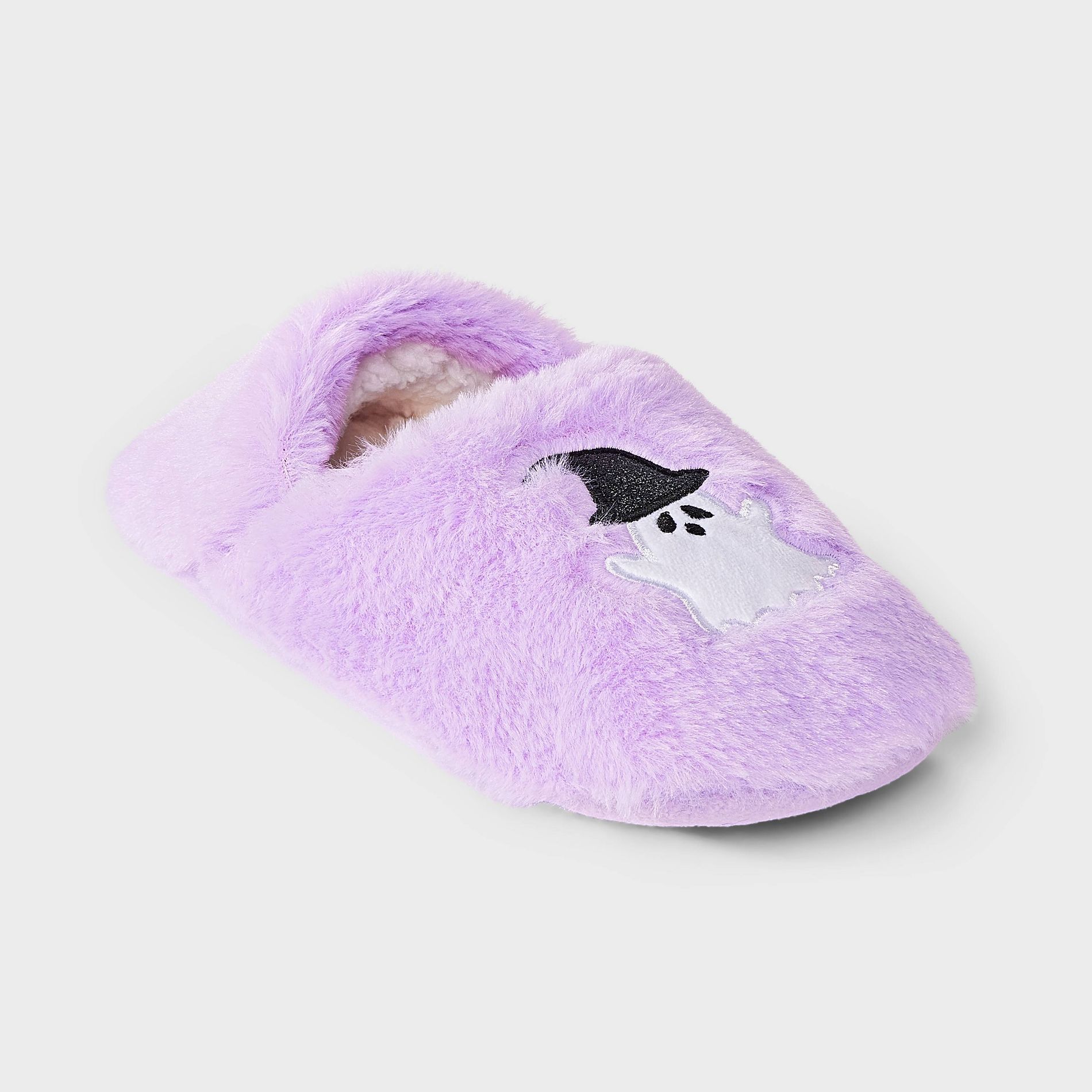 Women's Halloween Embroidered Ghost Faux Fur Slipper Socks with Grippers - Hyde & EEK! Boutique™