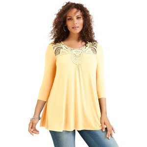 Roaman's Women's Plus Size Lace Embellished Swing Ultra Femme Top - 1 of 4