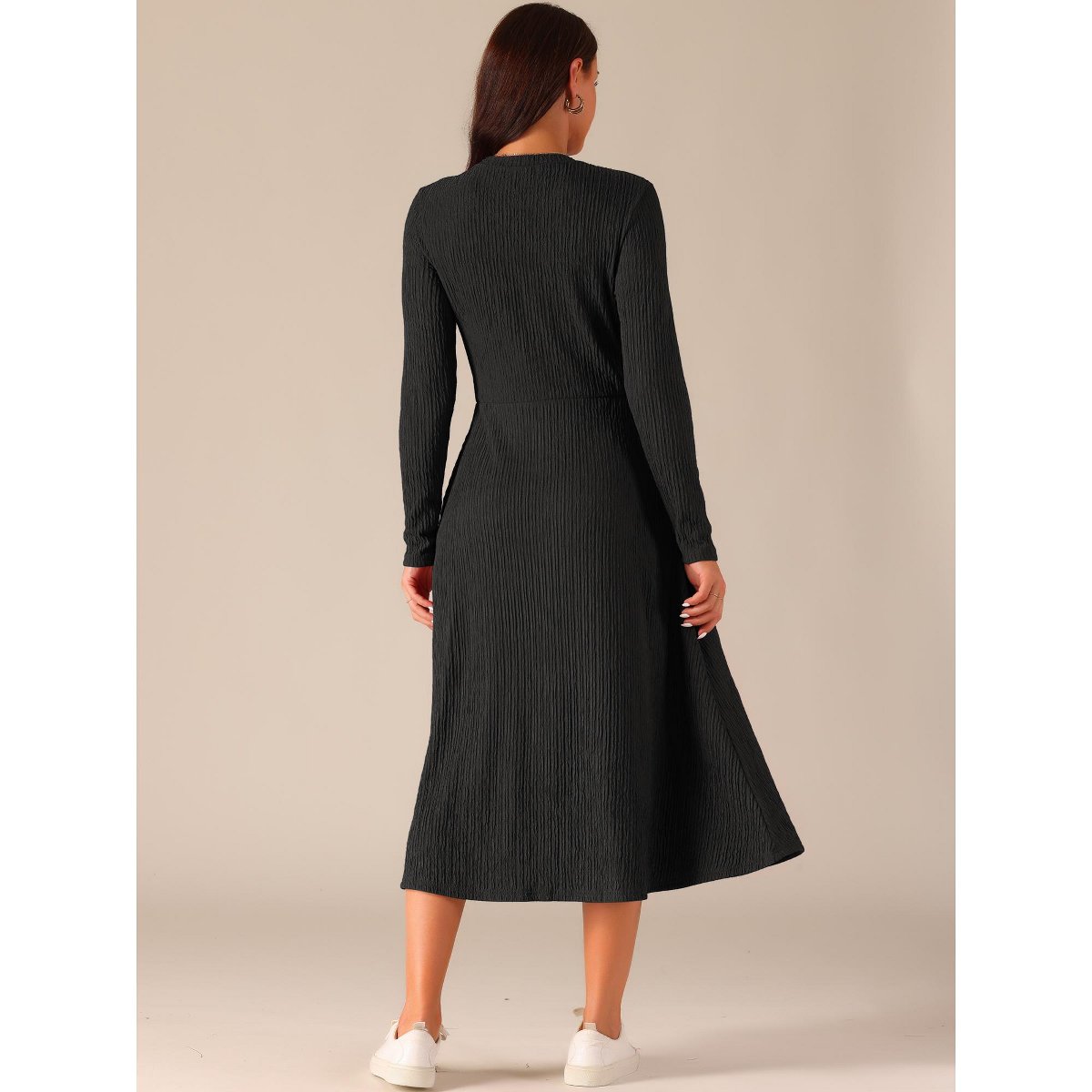 Женские платья INSPIRE CHIC Women's Fall Long Sleeve Round Neck Casual Knit A-Line Midi Dress Large Black — фото 4