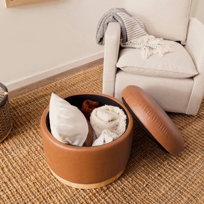 Naka 21.75'' Vegan Tan Leather Storage Ottoman with Light Wood Base