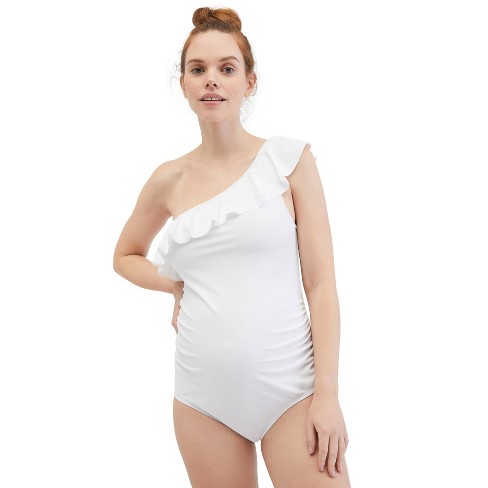 Beach Bump™ Ruffle Front One Shoulder Maternity Swimsuit Upf 50+, White, Xl