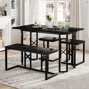 VECELO Farmhouse Room Sets for 4 with 3 Benches Wicker-Knot Cushions, Table for Home Kitchen Dining, 43.3 in - 1 of 4