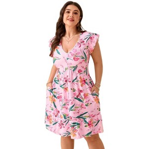 Clearlove Womens Womens Plus Size Casual V Neck Dress V Neck Loose Swing Ruffle Summer Boho Midi Dress with PocketsCasual Dress - 1 of 4