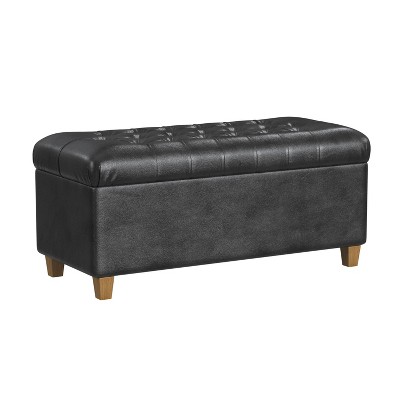 Black Faux Leather Tufted Storage Cocktail Bench with Oak Legs