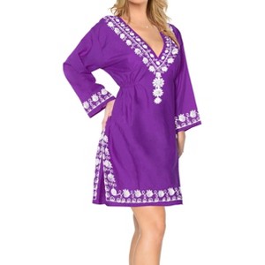 LA LEELA women's Vacation Casual Swim Holiday Beachwear Summer Beach Dress Short Flowy Bathing Suit Cover Ups 8-12 Purple, Solid - 1 of 4