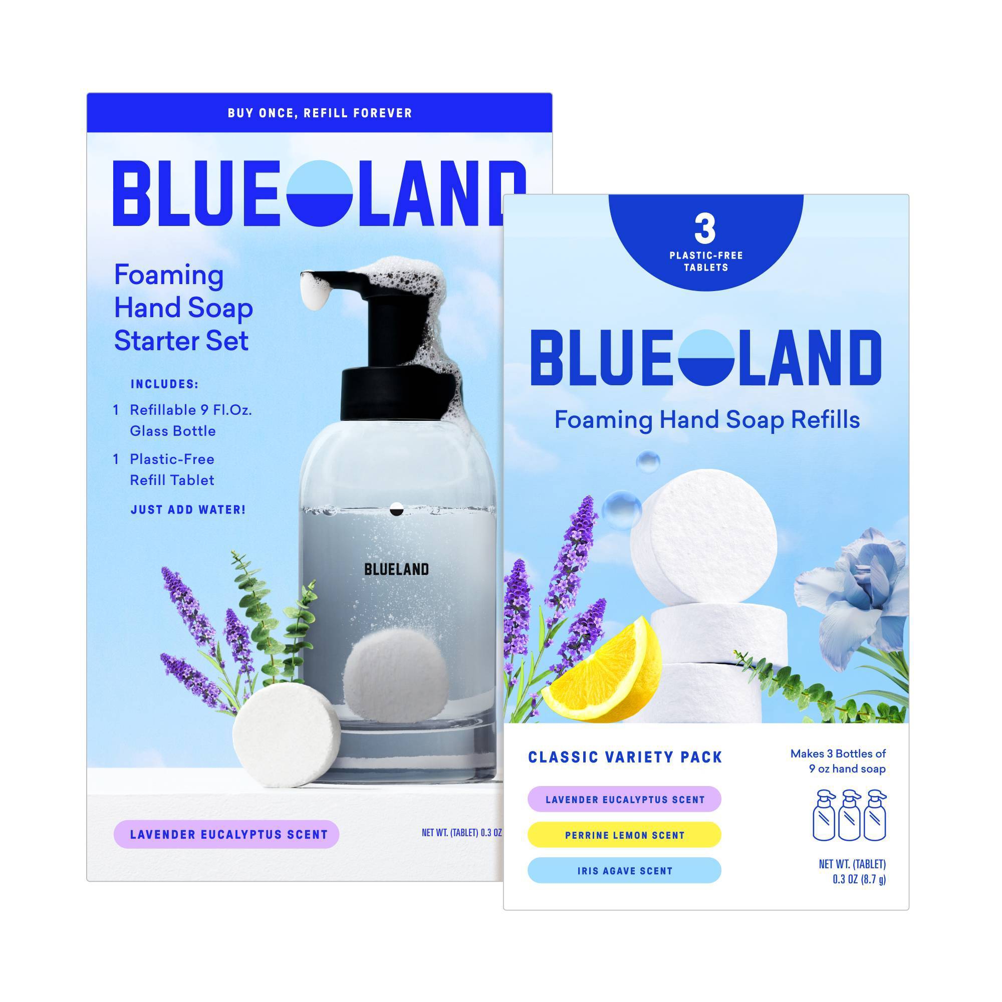 Blueland Hand Soap Starter Set - Slate Reusable Bottle and Lavender Scent Table 2ct/0.3oz + Refill Tablets Classic Variety 3ct/0.9oz