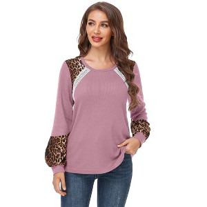 Clearlove Women's Leopard Print Tunic Tops Casual Color Block Blouse Long Sleeve T Shirt - 1 of 4