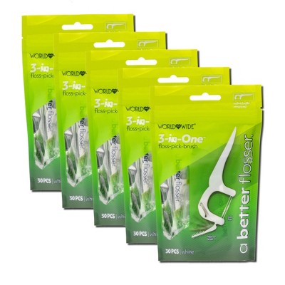 A Better 3 in 1 Floss Pick Brush 5 Pack White with 150 individually wrapped flossers