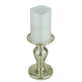 Roman 7" Battery Operated Iridescent White Flameless Pillar Candle with Silver Stand
