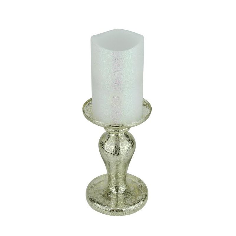 Roman 7" Battery Operated Iridescent White Flameless Pillar Candle with Silver Stand, 1 of 2