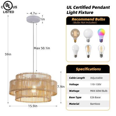 16'' Beige Bamboo and Metal Pendant Light with Adjustable Height