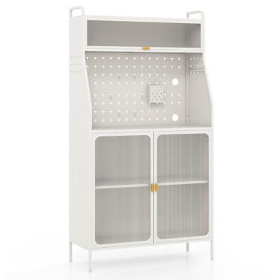 Tangkula 5-Tier Metal Baker's Rack Kitchen Pantry Cabinet w/ See-through Flip-up Door Pegboard Adjustable Shelf White