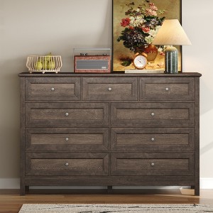 Jump Into Fun Rustic Storage Dresser With 9 Drawers,Silver Handle Classic X-shaped Side Panels Reliable Structure Timeless Elegance For Living Room - 1 of 4