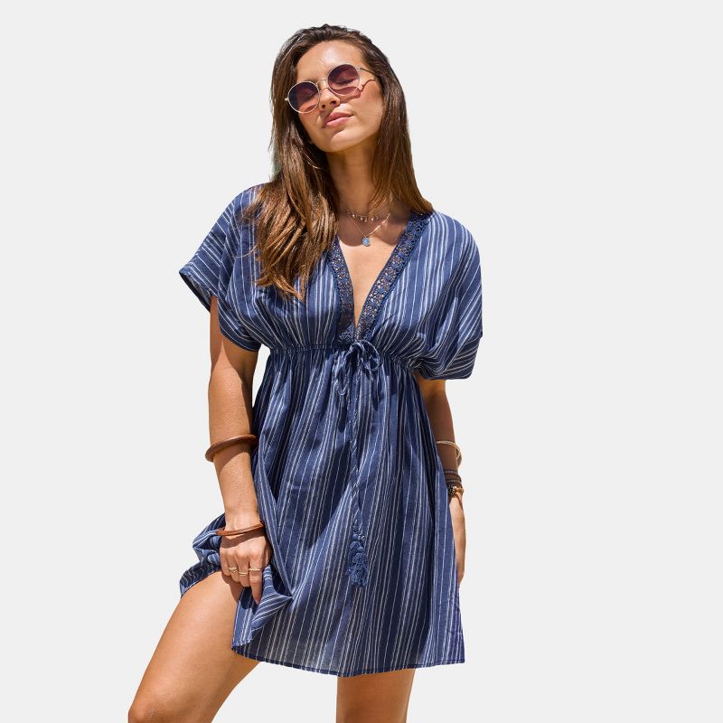 Women's Navy Striped Short Sleeve Mini Cover-Up Dress - Cupshe, 1 of 7