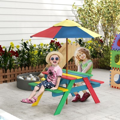 Multicolor Fir Wood Kids Picnic Table Set with Removable Parasol