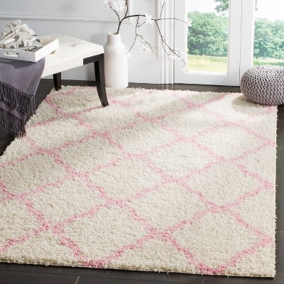 Ivory and Light Pink High Pile Shag Area Rug, 10' x 14'