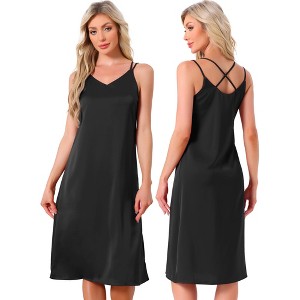 INSPIRE CHIC Women's Sleepdress Satin Sleeveless Double Spaghetti Strap Criss Cross Back V Neck Midi Lounge Nightgown - 1 of 4