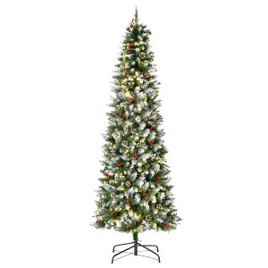 HOMCOM 7.5 FT Pre-Lit Snow-Dipped Artificial Christmas Tree with Realistic Branches, 350 LED Lights, Pine Cones, Red Berries and 1075 Tips - 1 of 4