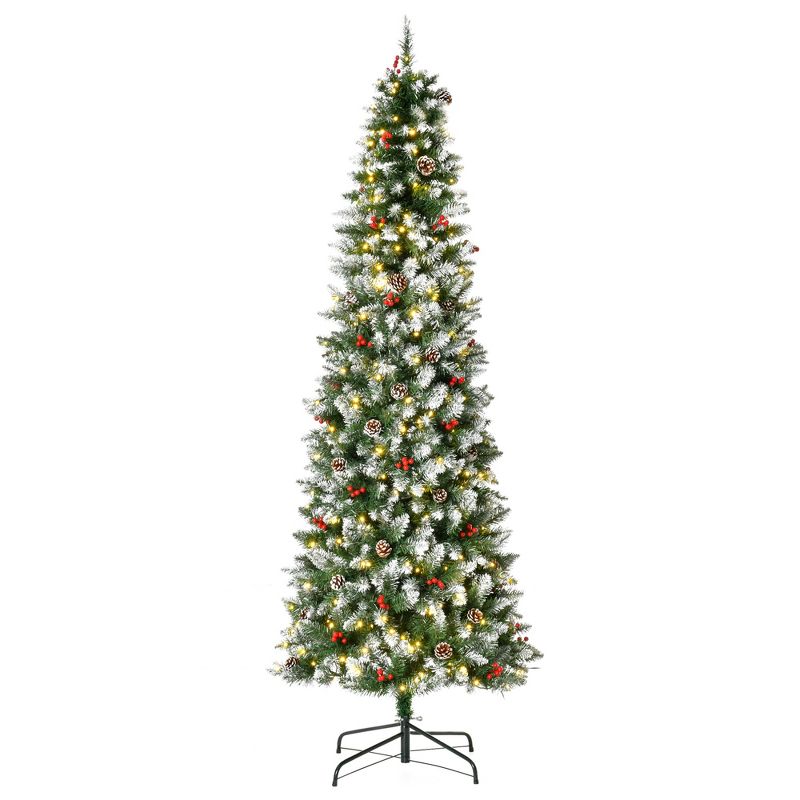 HOMCOM 7.5 FT Pre-Lit Snow-Dipped Artificial Christmas Tree with Realistic Branches, 350 LED Lights, Pine Cones, Red Berries and 1075 Tips, 1 of 9