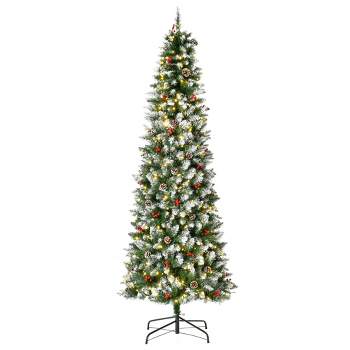 HOMCOM 7.5 FT Pre-Lit Snow-Dipped Artificial Christmas Tree with Realistic Branches, 350 LED Lights, Pine Cones, Red Berries and 1075 Tips