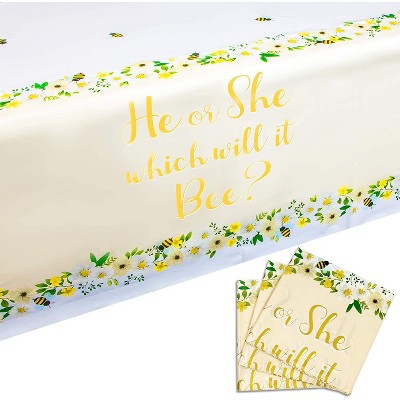 Sparkle and Bash 3 Pack Bee Disposable Plastic Tablecloth for Gender Reveal Party, 54 x 108 Inches