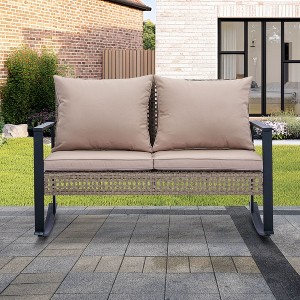Ainfox Outdoor Wicker Loveseat Rocking Chair, Patio Rattan Rocker Chair with Cushions Cozy Rocking Wicker Furniture for Garden Backyard Porch - 1 of 4